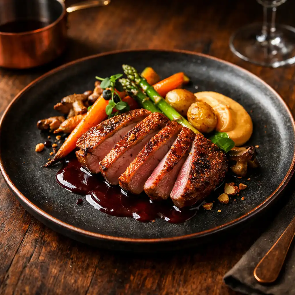 Elegant plated dish of modern European cuisine on a dark ceramic plate