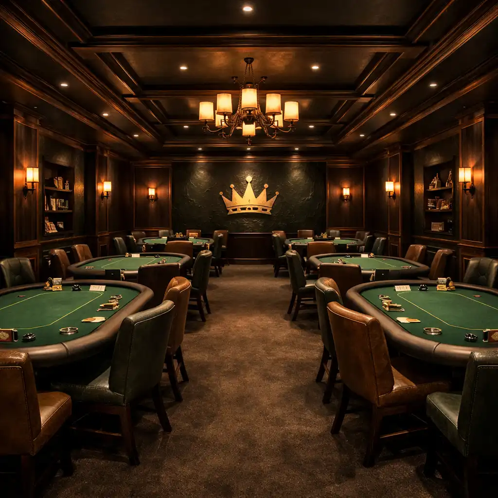 Wide view of the poker lounge with felt tables and warm ambient lighting