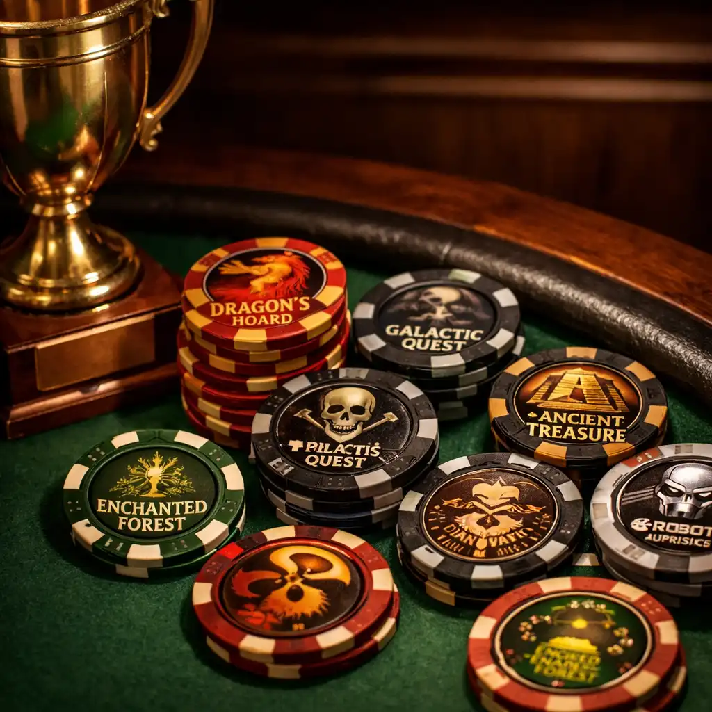 Close-up of collectible poker chips and a trophy on a dark wooden table