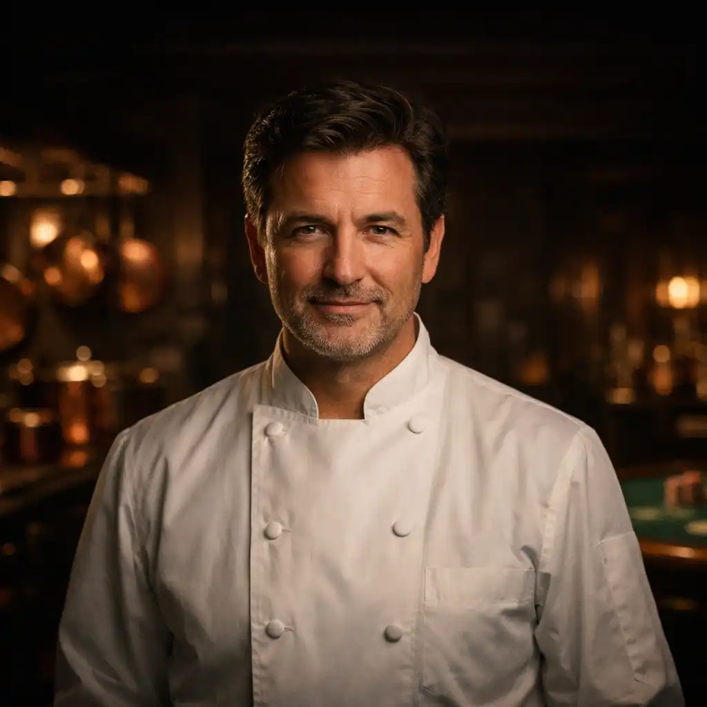 Head chef of Chanceandcrown standing in a dark, upscale kitchen with copper pots and warm lighting