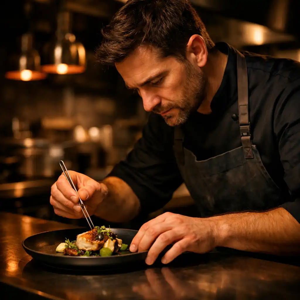 Chef carefully plating a dish in a dimly lit professional kitchen