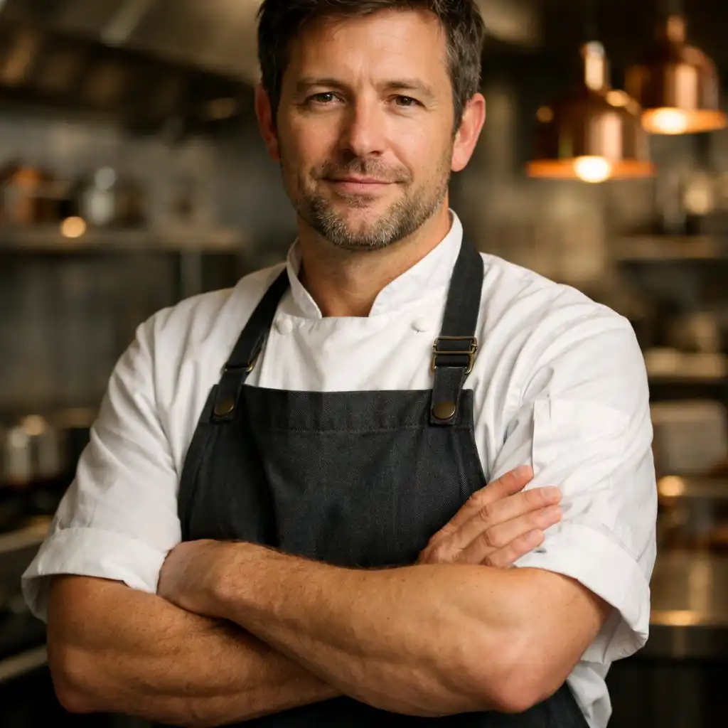 Portrait of Head Chef Marco Renaldi in a modern bistro kitchen, arms crossed