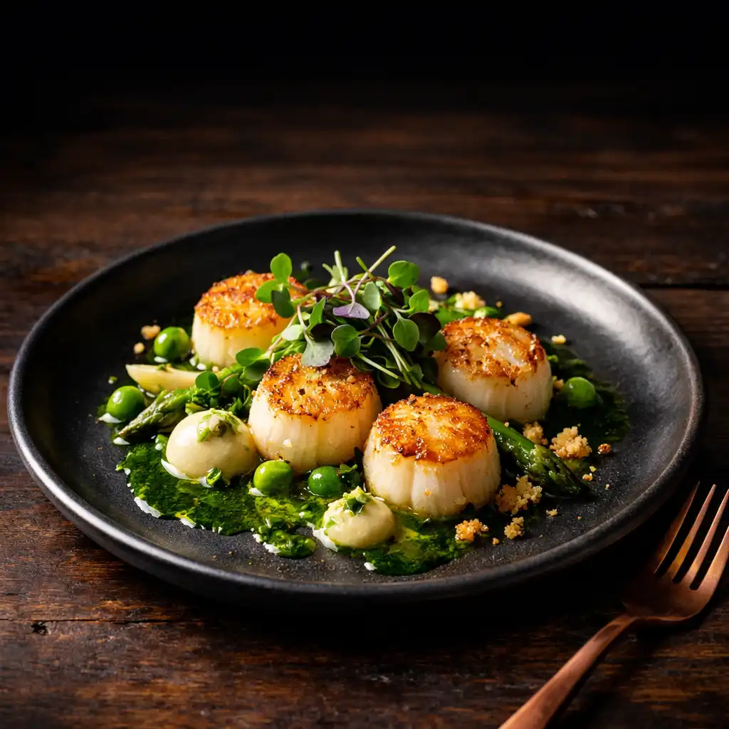 Seared scallops with vibrant green herb oil and microgreens on a dark ceramic plate