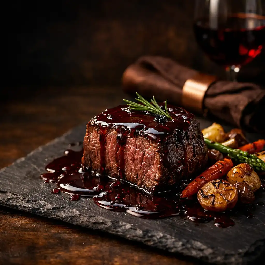 Gourmet beef dish with rich red wine reduction on a slate board with roasted vegetables