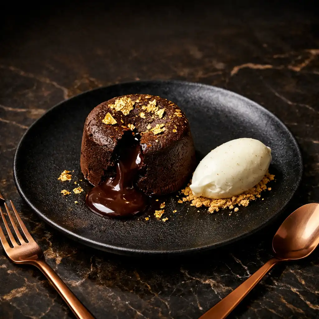 Dark chocolate fondant with molten center, gold leaf, and vanilla ice cream on a dark marble surface