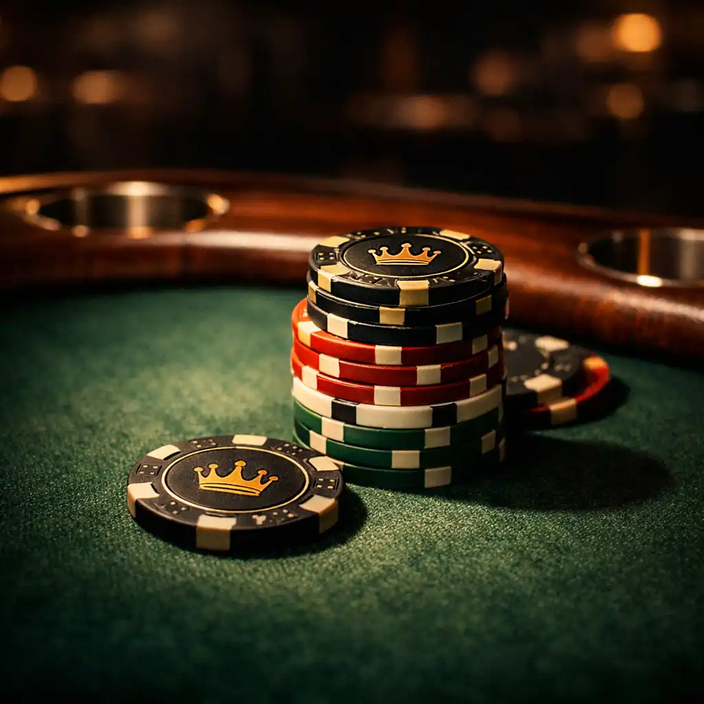 Close-up of a professional felt poker table with collectible chips