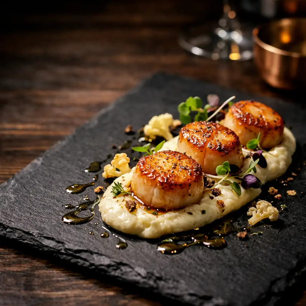 Seared scallops with cauliflower purée and microgreens on a dark slate plate
