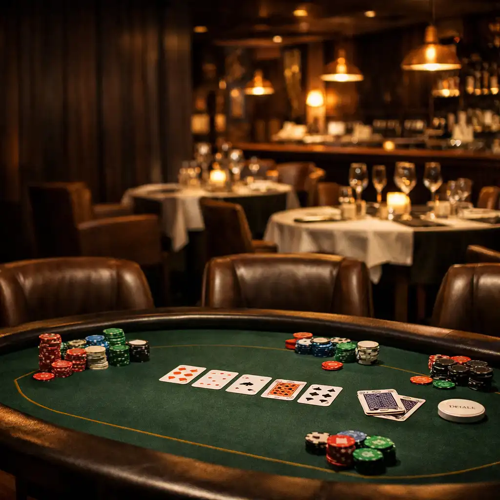 Interior of Chanceandcrown Bistro and Poker Lounge with a felt poker table in the foreground and elegant dining tables behind