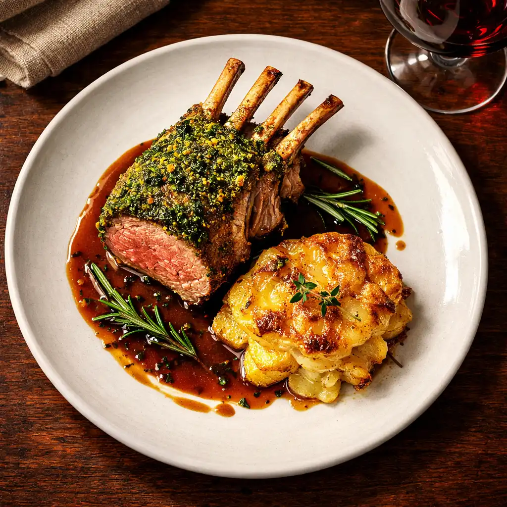 Herb-crusted lamb rack with rosemary jus and potato gratin on a white ceramic dish