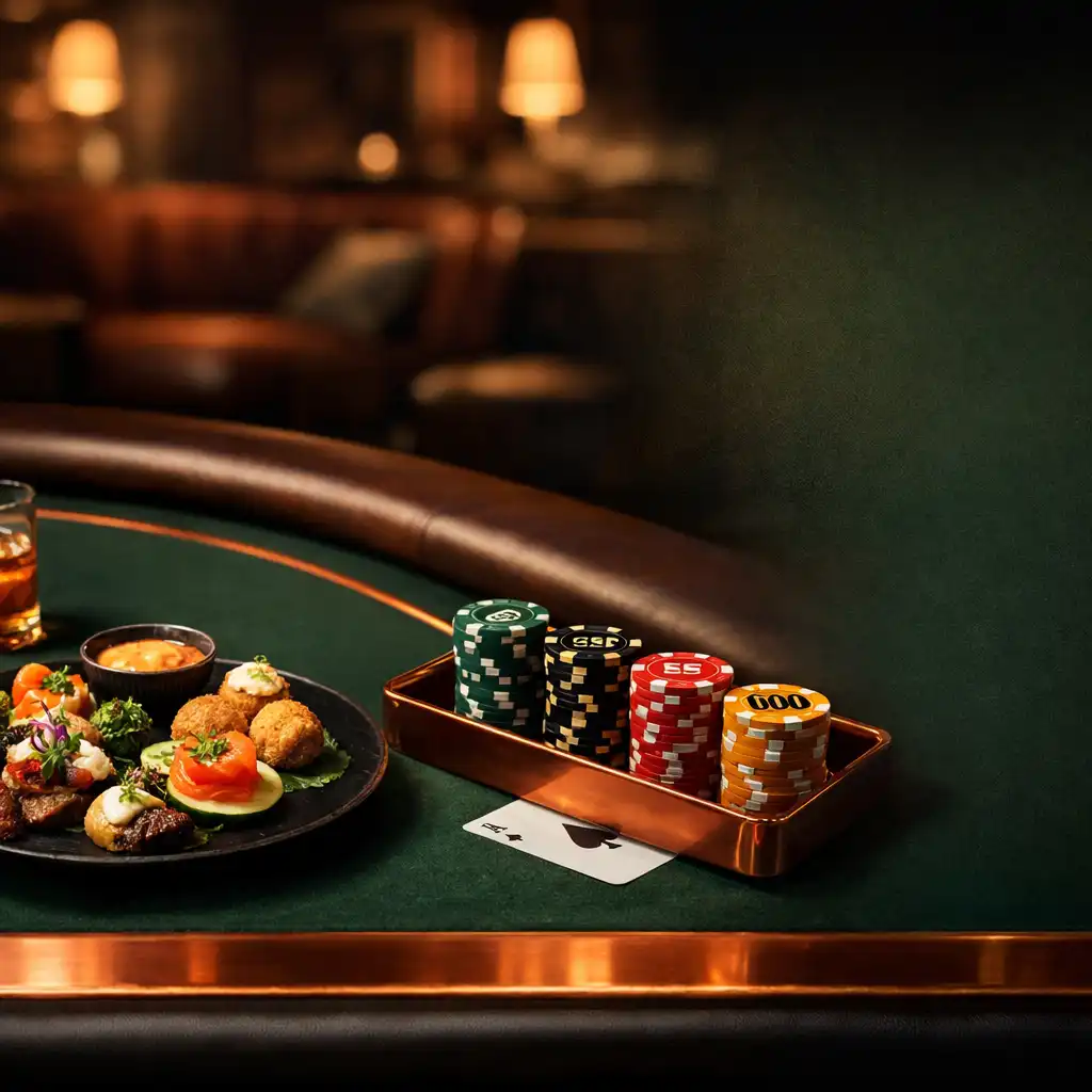 Gourmet finger food and collectible poker chips in a copper tray on a felt table edge in the poker lounge