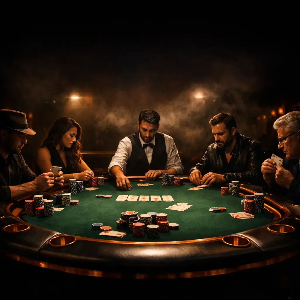 Players focused around a felt poker table in the dark, amber-lit Chanceandcrown lounge