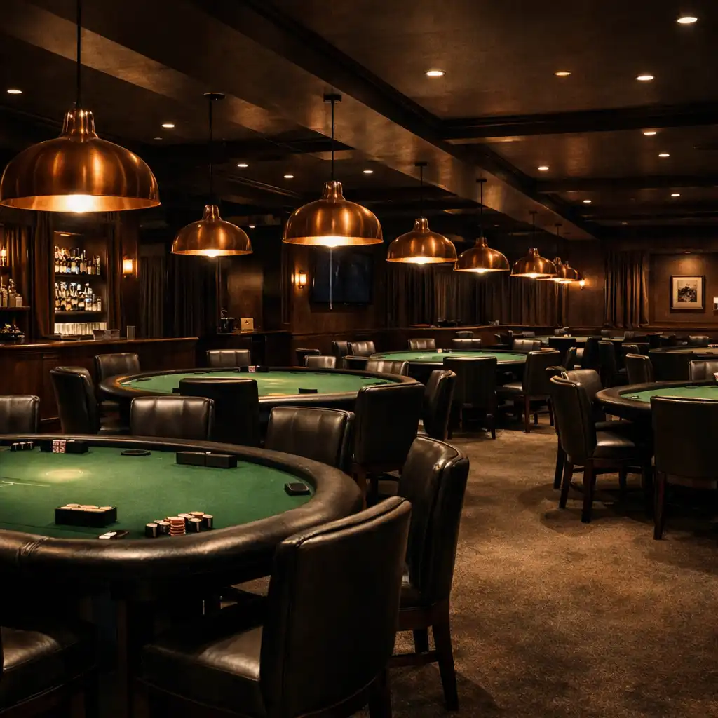 Wide shot of the empty poker lounge with multiple felt tables, copper pendant lamps, and dark timber walls