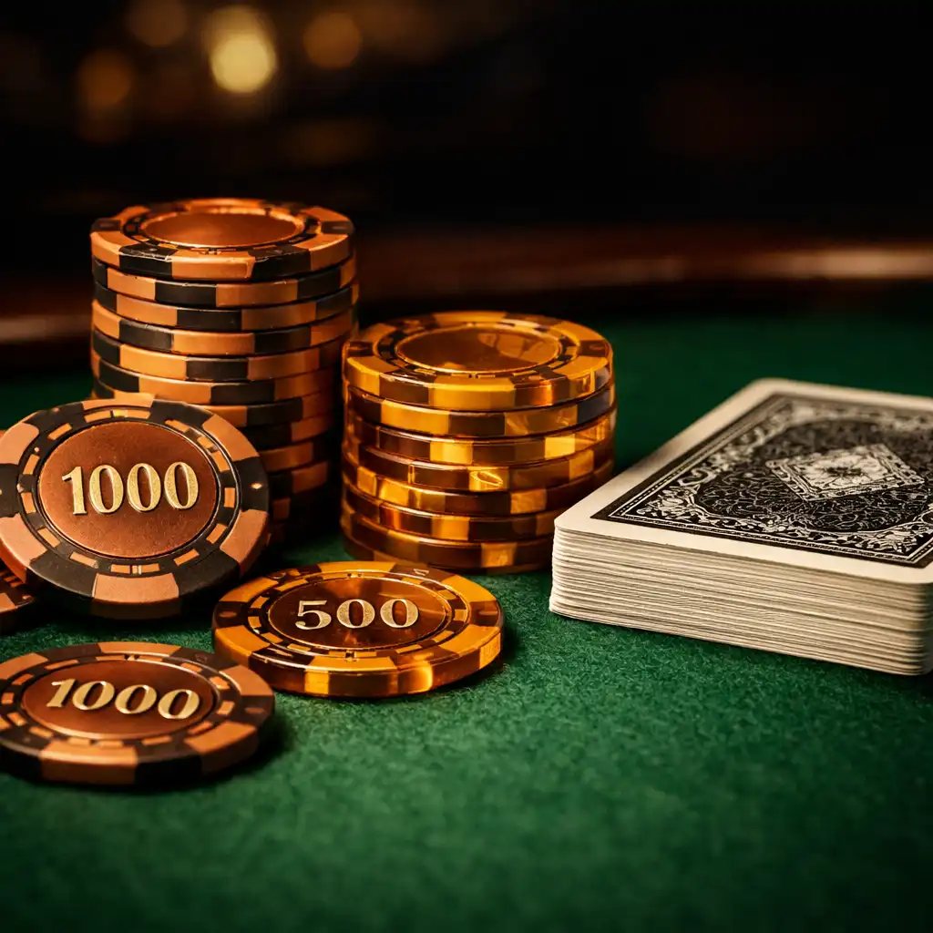 Close-up of a professional poker table surface with green felt, copper and amber tournament chips, and a deck of cards