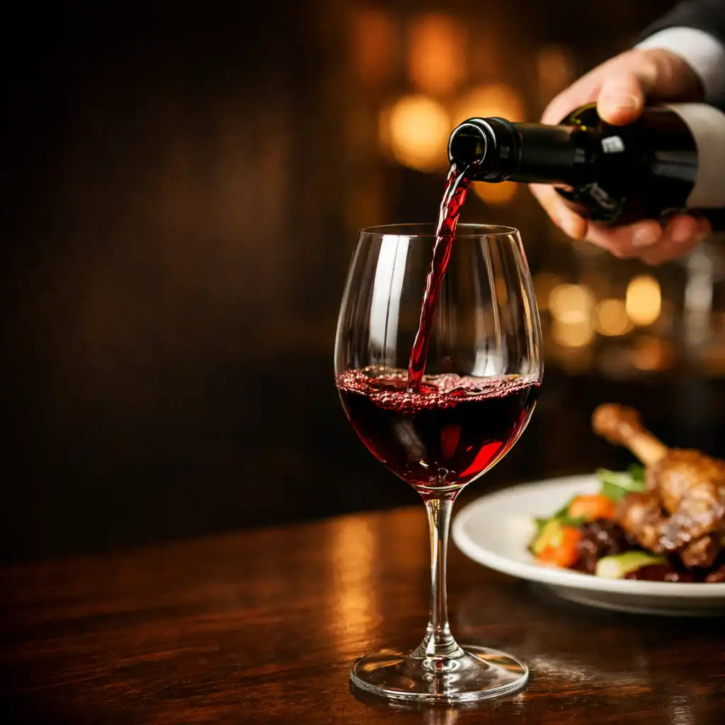 A sommelier pouring red wine beside a plated duck dish in warm restaurant light